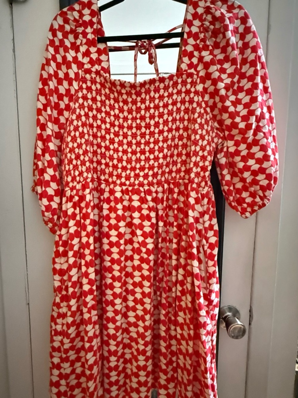 Red, Pink & White Smocked Puff Sleeve Dress